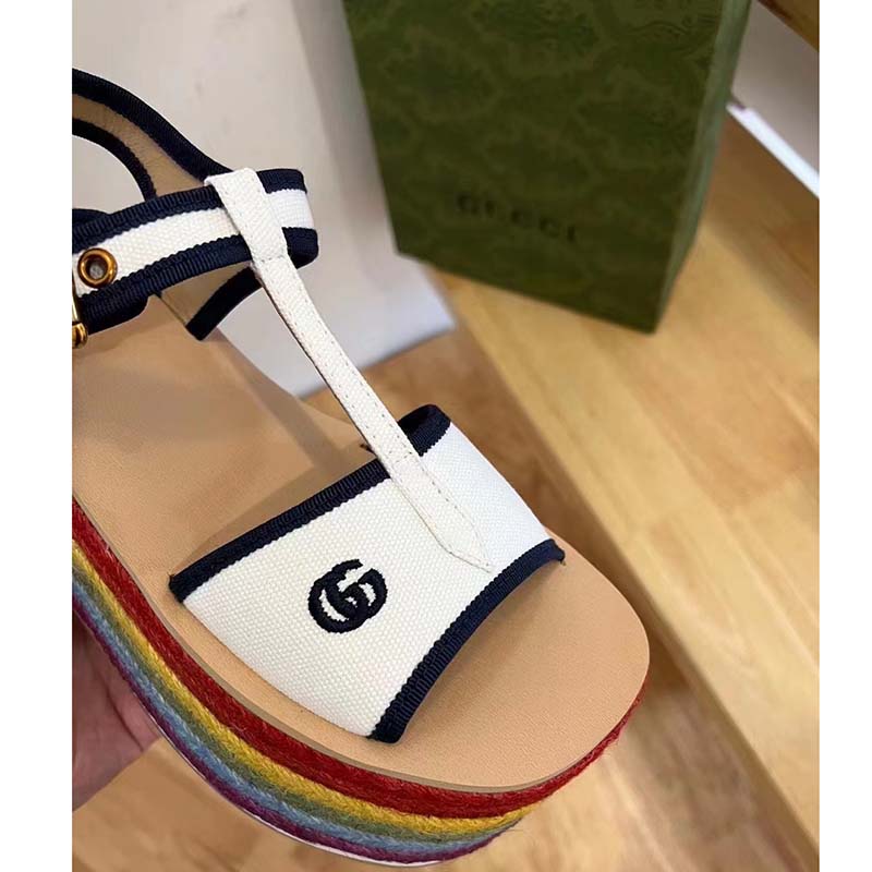 G*u*i women gg platform sandals white cotton double g embroidery 7 cm heel