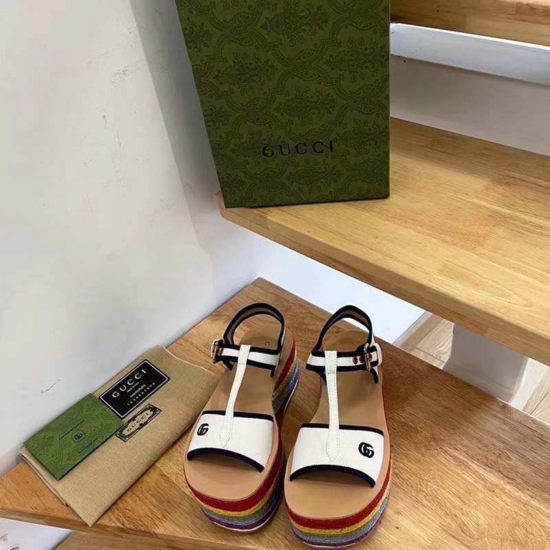 G*u*i women gg platform sandals white cotton double g embroidery 7 cm heel