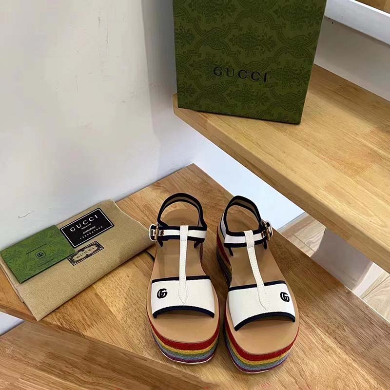 G*u*i women gg platform sandals white cotton double g embroidery 7 cm heel