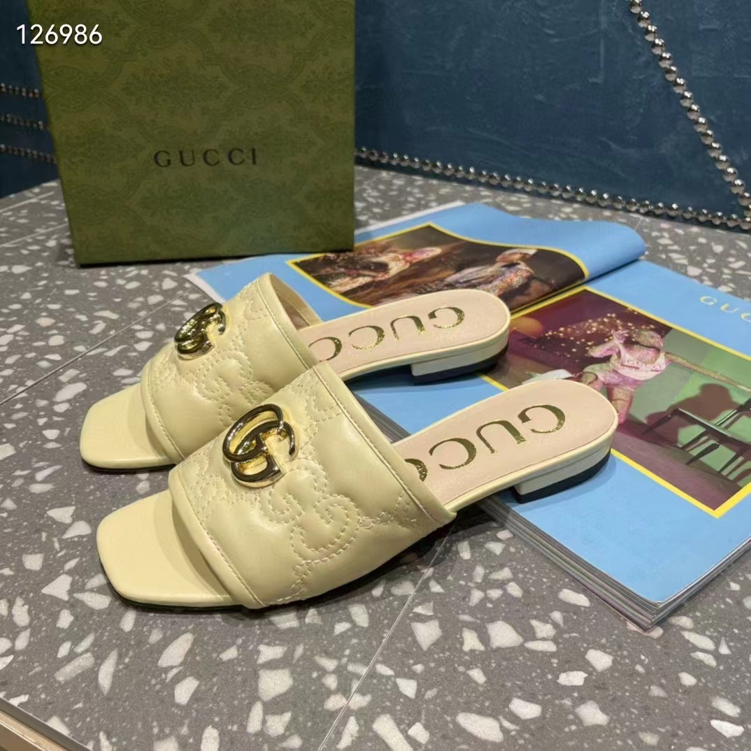 G*u*i women matelassé slide sandal beige gg matelassé leather square toe flat