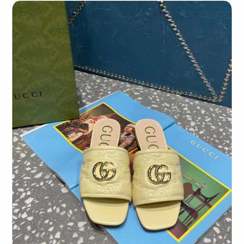 G*u*i women matelassé slide sandal beige gg matelassé leather square toe flat