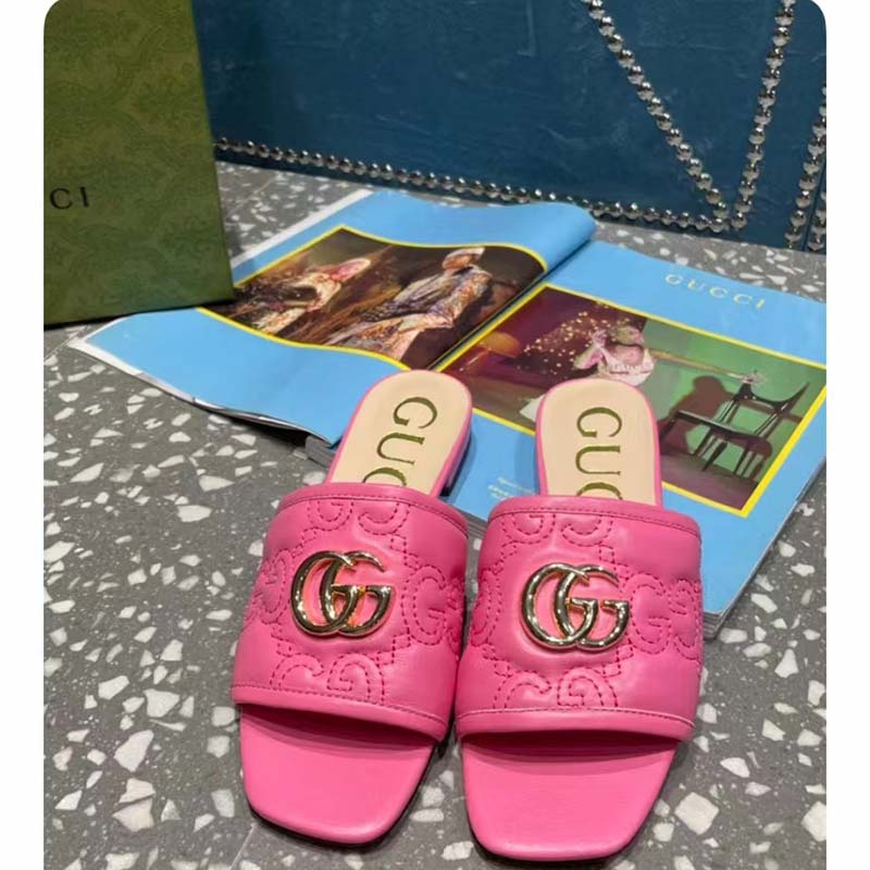 G*u*i women matelassé slide sandal pink gg matelassé leather square toe flat