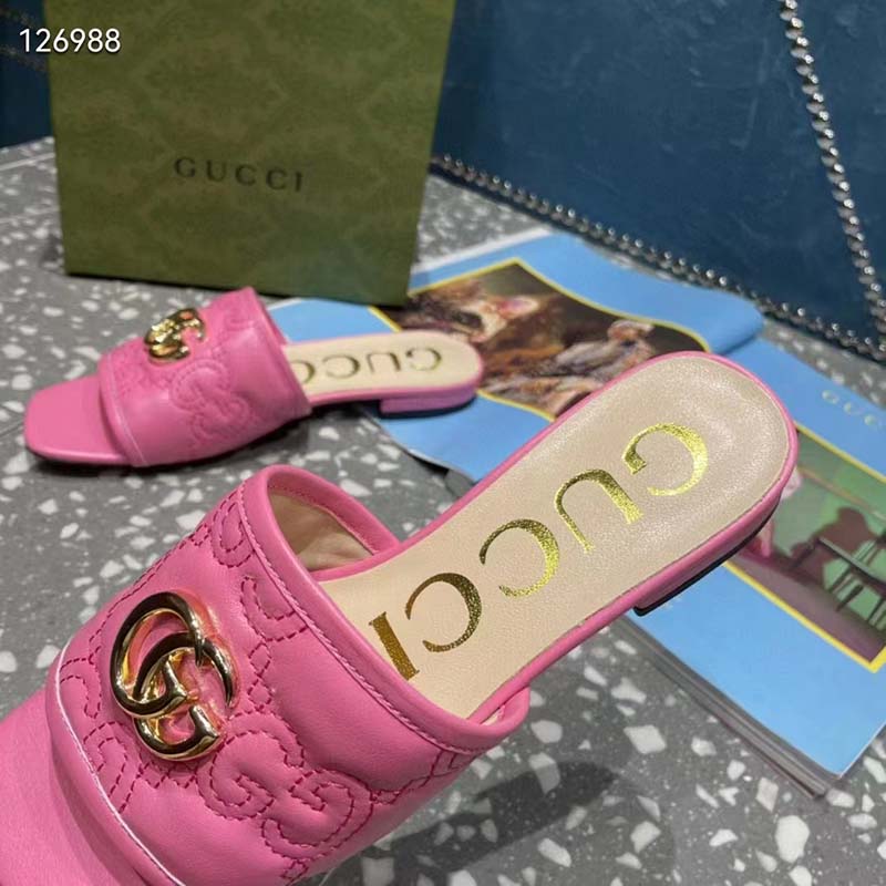 G*u*i women matelassé slide sandal pink gg matelassé leather square toe flat