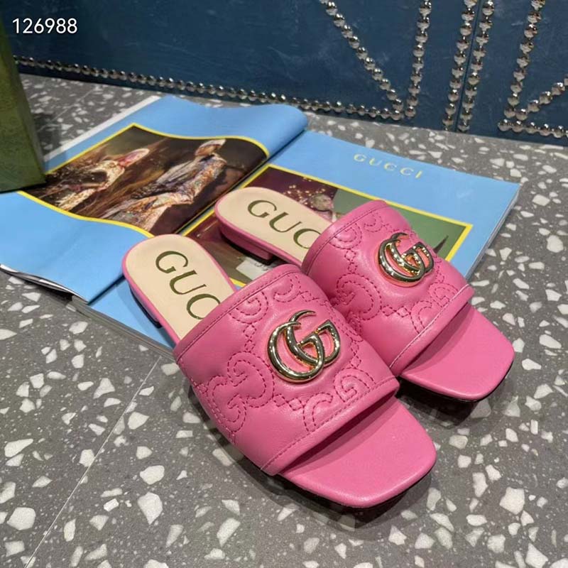 G*u*i women matelassé slide sandal pink gg matelassé leather square toe flat
