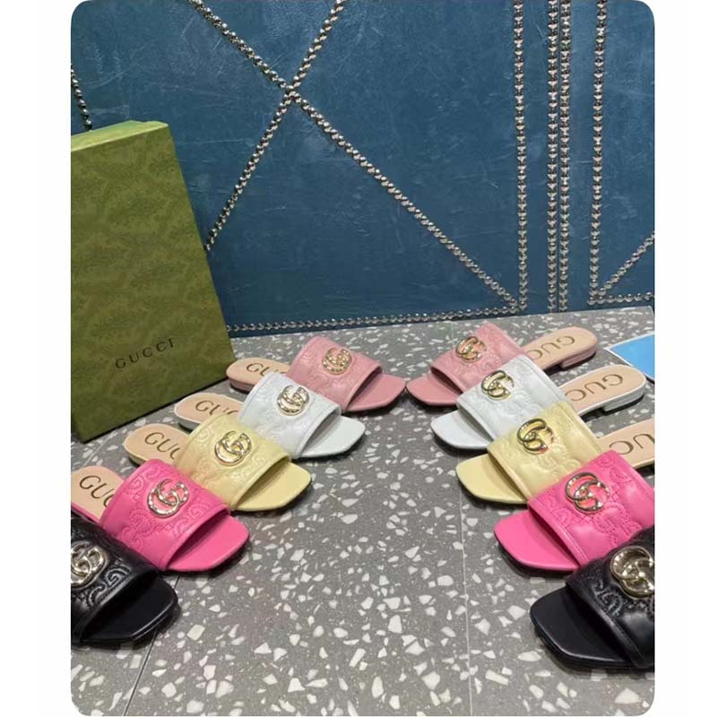 G*u*i women matelassé slide sandal beige gg matelassé leather square toe flat