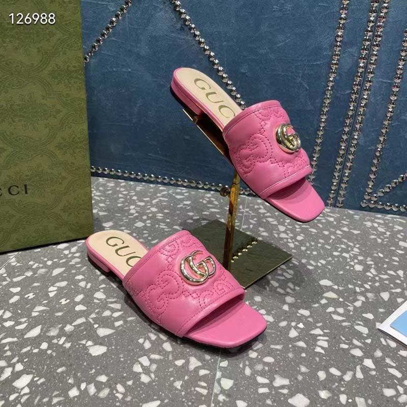 G*u*i women matelassé slide sandal pink gg matelassé leather square toe flat