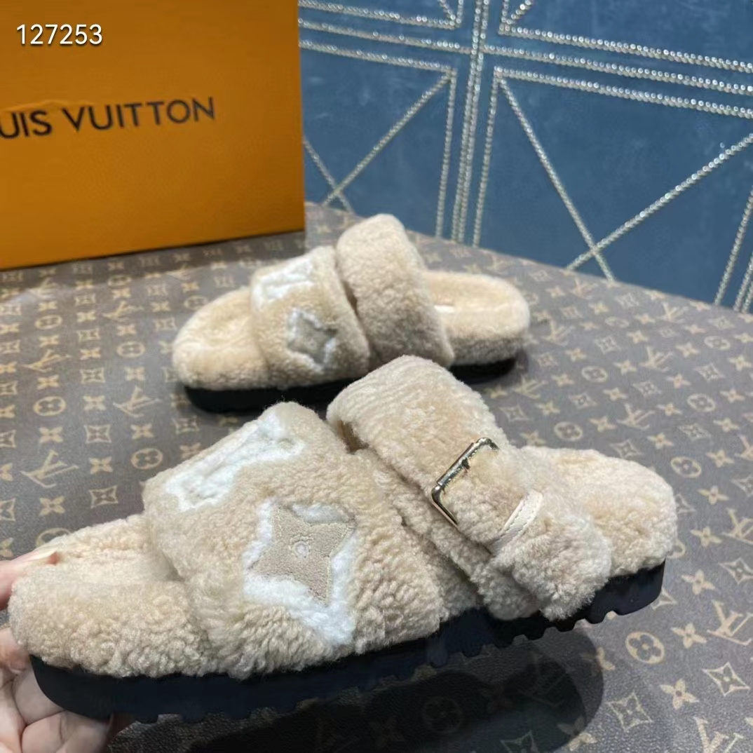 Louis Vuitton LV Unisex Paseo Flat Comfort Mule Beige Shearling Monogram Flowers