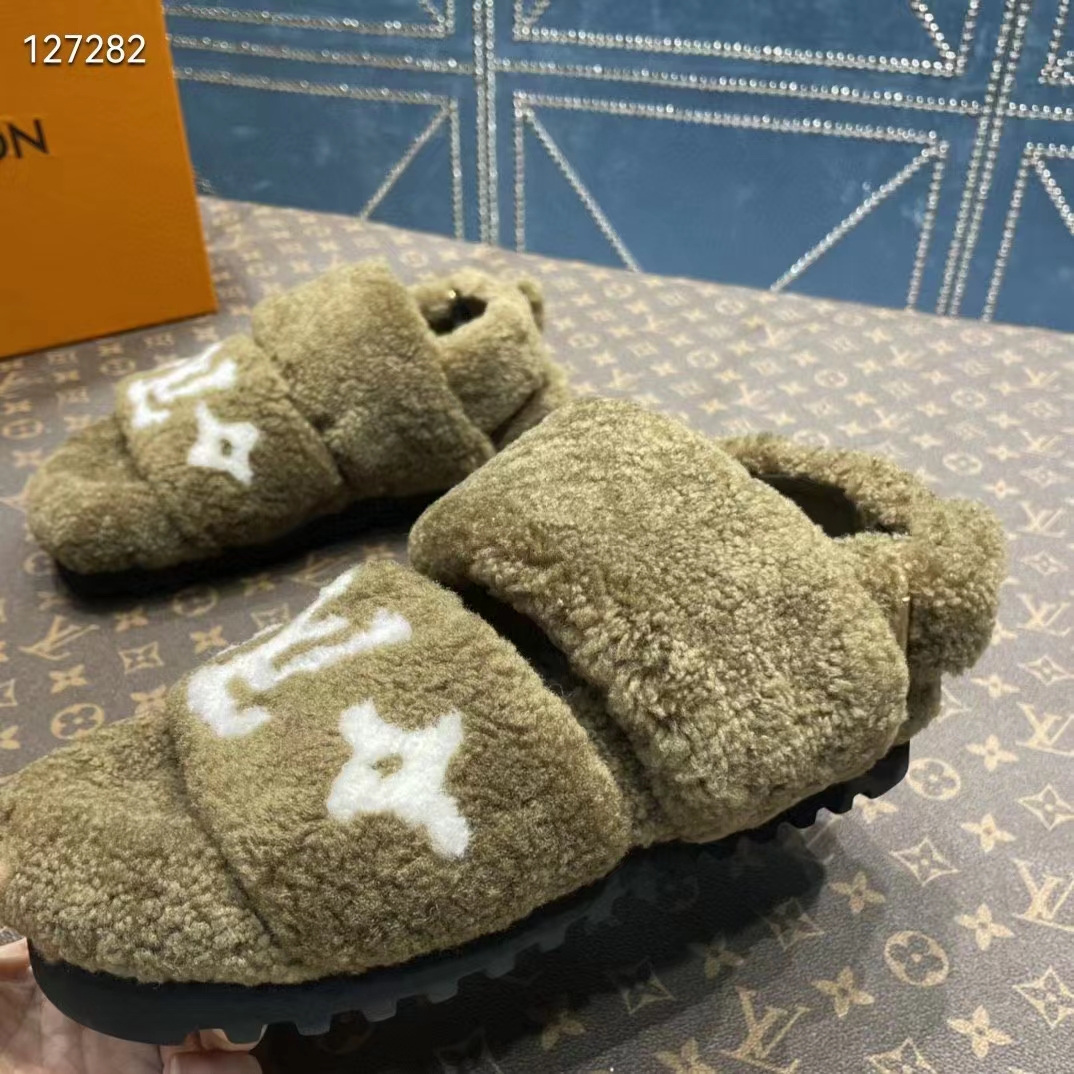 Louis Vuitton LV Unisex Paseo Flat Comfort Mule Dark Green Shearling Monogram Flowers