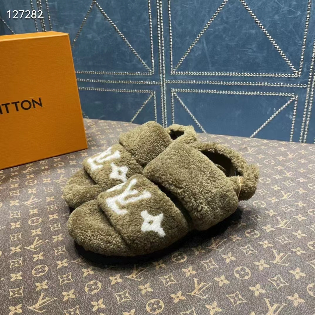 Louis Vuitton LV Unisex Paseo Flat Comfort Mule Dark Green Shearling Monogram Flowers