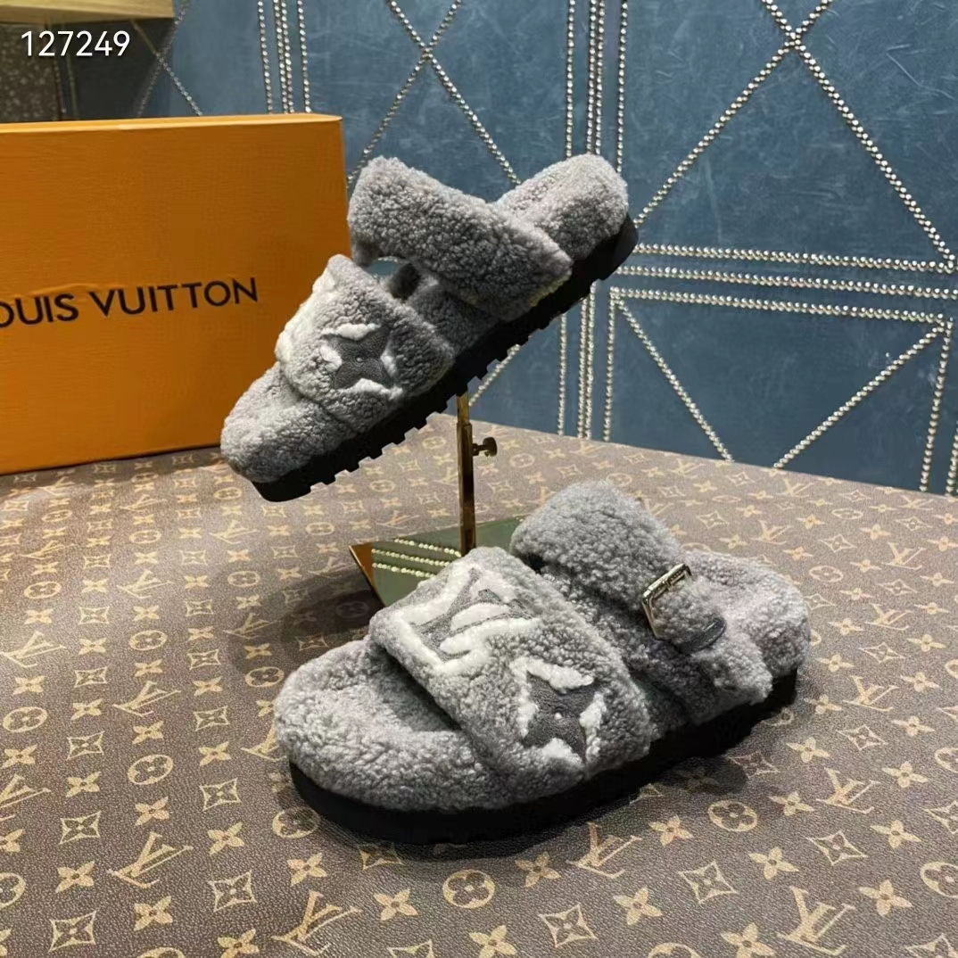Louis Vuitton LV Unisex Paseo Flat Comfort Mule Grey Shearling Monogram Flowers