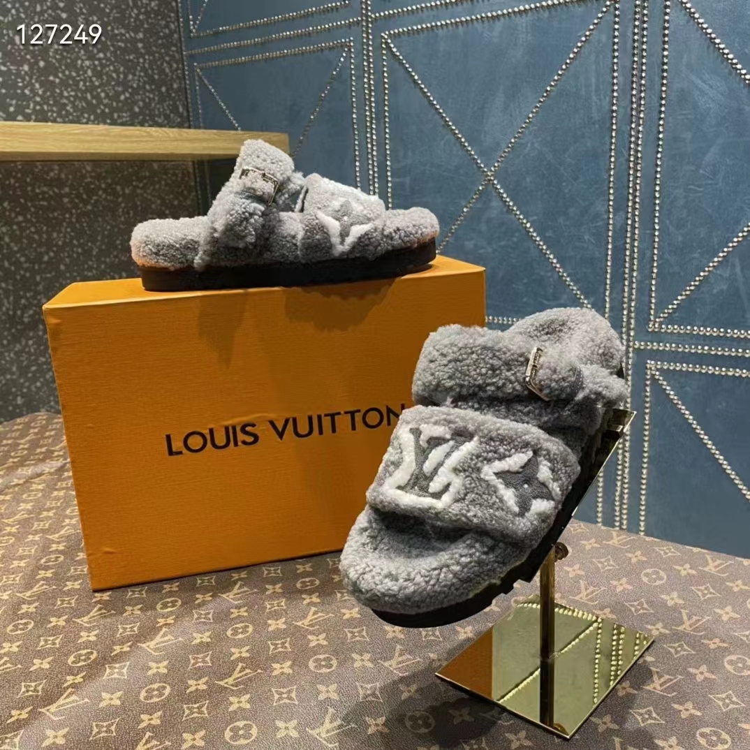 Louis Vuitton LV Unisex Paseo Flat Comfort Mule Grey Shearling Monogram Flowers