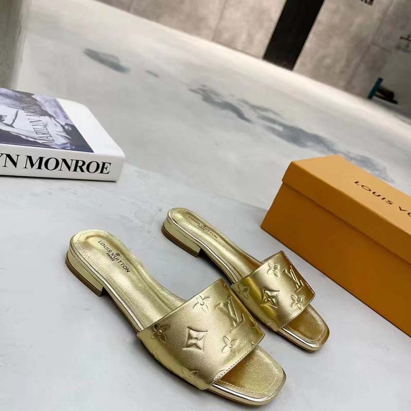 Louis Vuitton LV Women Revival Flat Mule Gold Monogram Embossed Metallic Lambskin