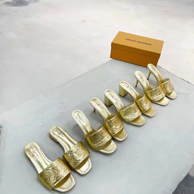 Louis Vuitton LV Women Revival Flat Mule Gold Monogram Embossed Metallic Lambskin