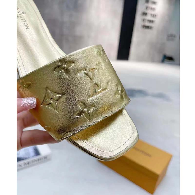 Louis Vuitton LV Women Revival Flat Mule Gold Monogram Embossed Metallic Lambskin