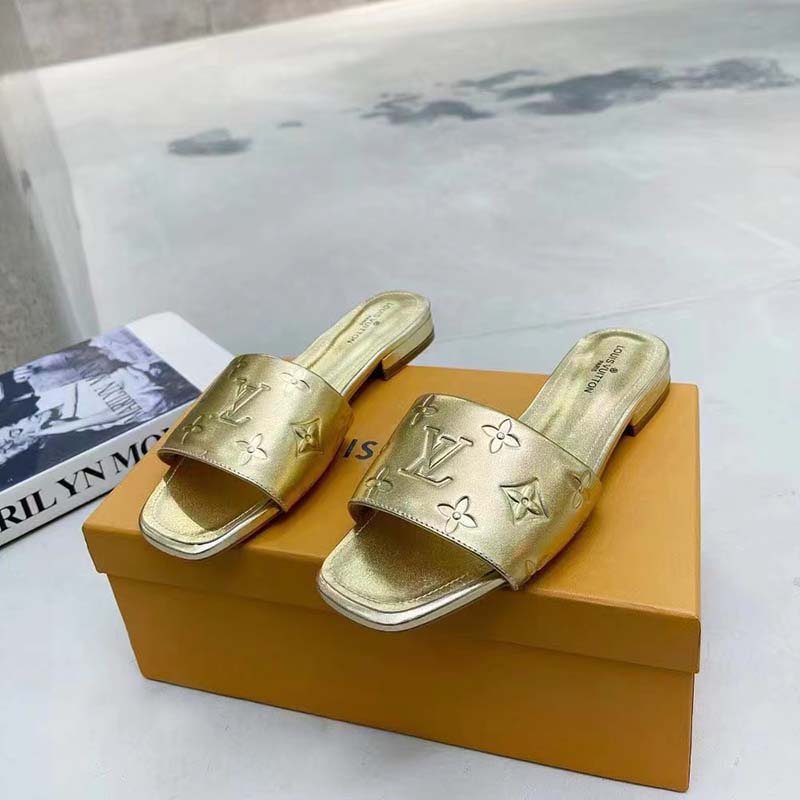 Louis Vuitton LV Women Revival Flat Mule Gold Monogram Embossed Metallic Lambskin