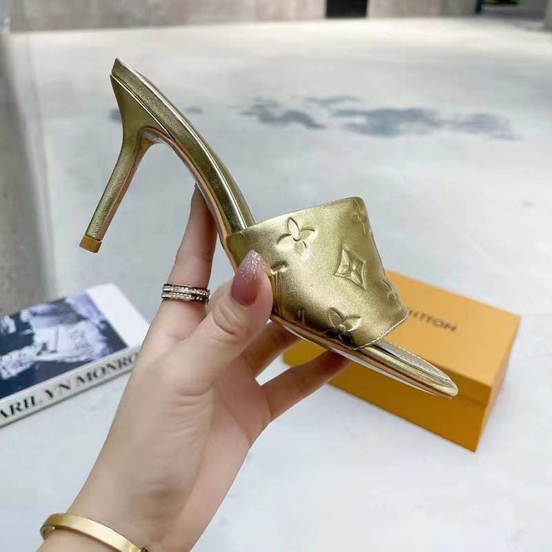 Louis Vuitton LV Women Revival Mule Gold Monogram Embossed Metallic Lambskin