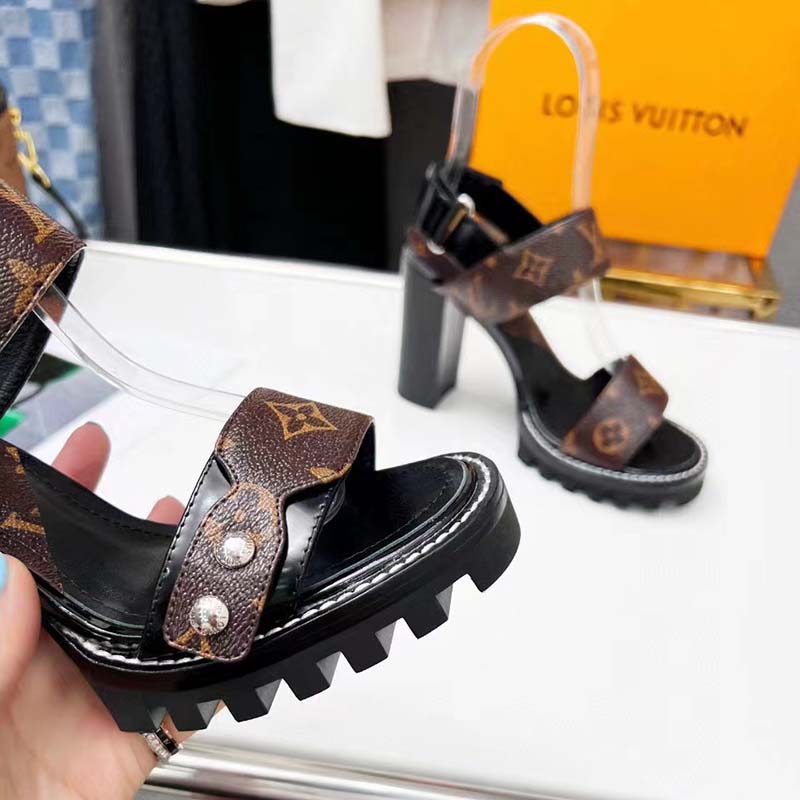 Louis Vuitton LV Women Star Trail Sandal Black Calf Leather Patent Monogram Canvas 9.5 cm Heel