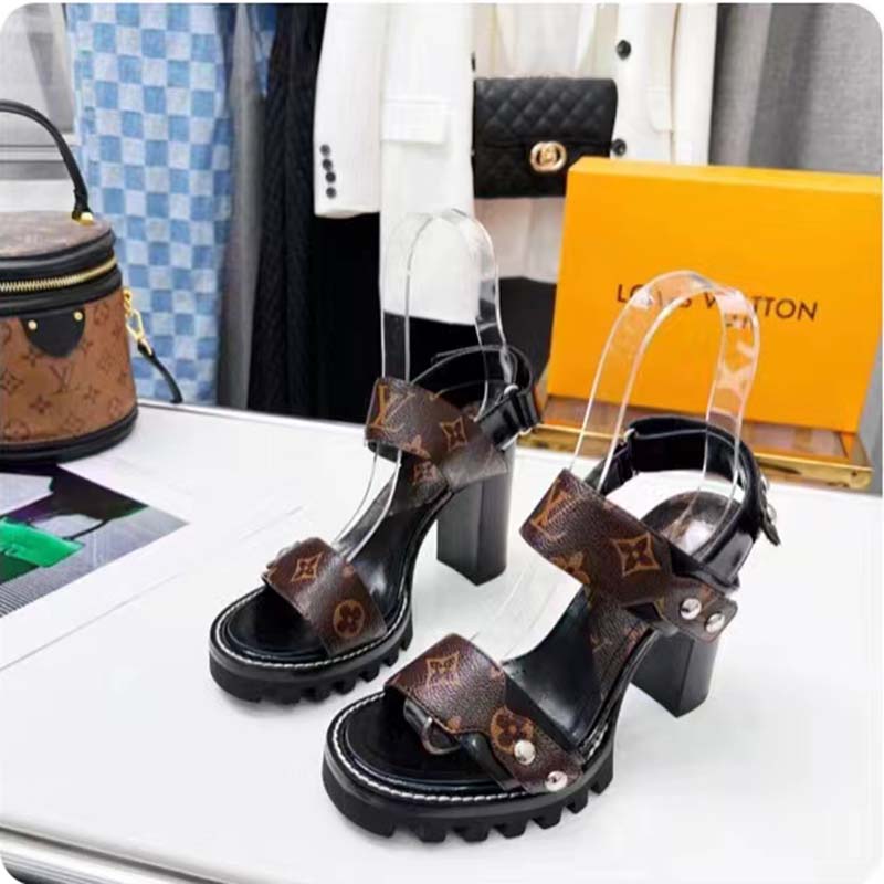 Louis Vuitton LV Women Star Trail Sandal Black Calf Leather Patent Monogram Canvas 9.5 cm Heel