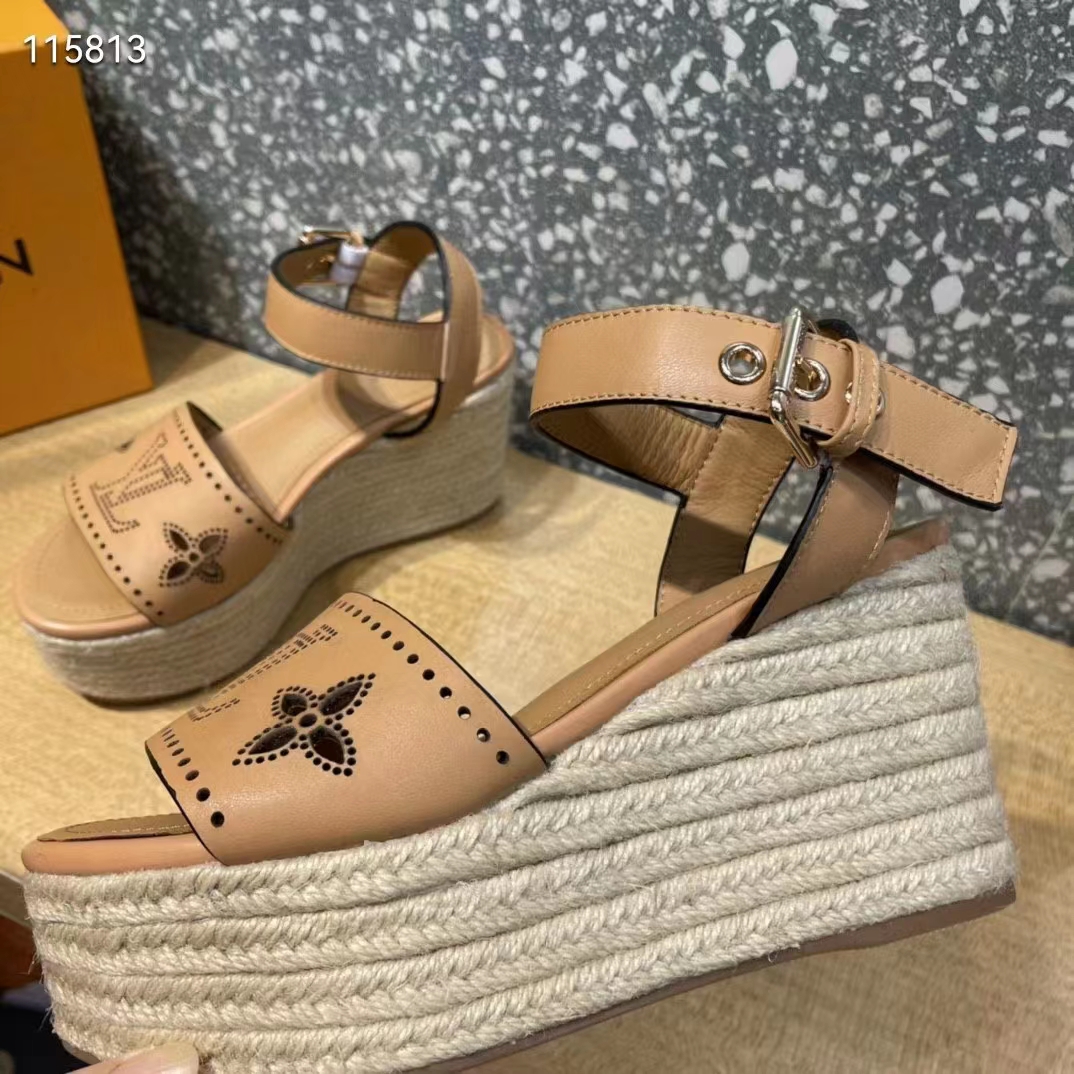 Louis Vuitton LV Women Starboard Wedge Sandal Perforated Calf Leather Rope Rubber