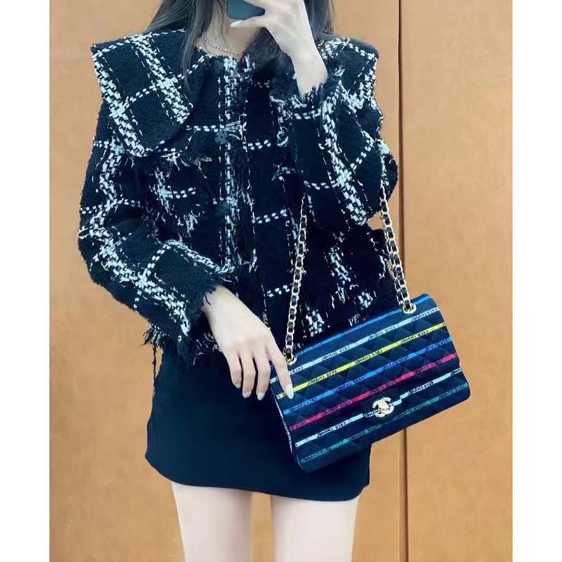 Chanel Women CC Classic Handbag Cotton Gold-Tone Metal Black Multicolor