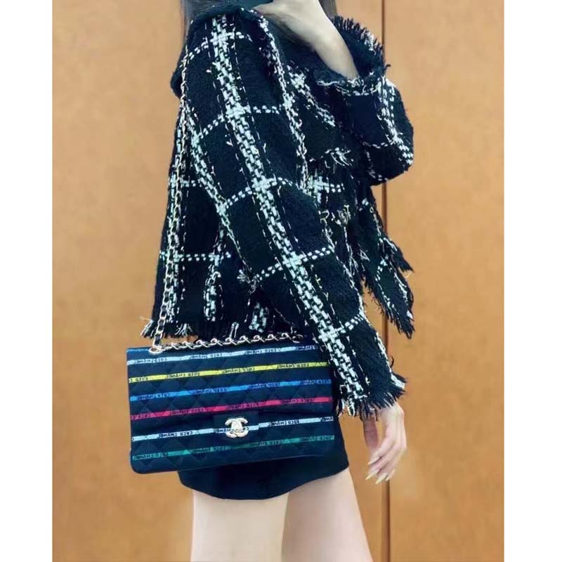 Chanel Women CC Classic Handbag Cotton Gold-Tone Metal Black Multicolor