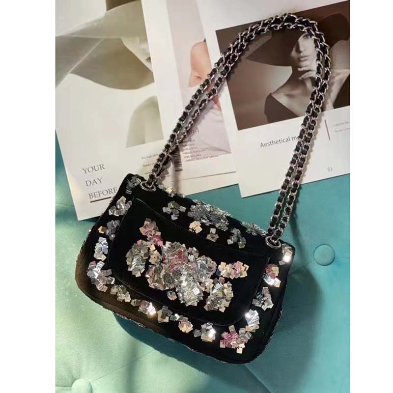 Chanel Women CC Classic Handbag Embroidered Velvet Sequins Silver-Tone Metal Black Silver