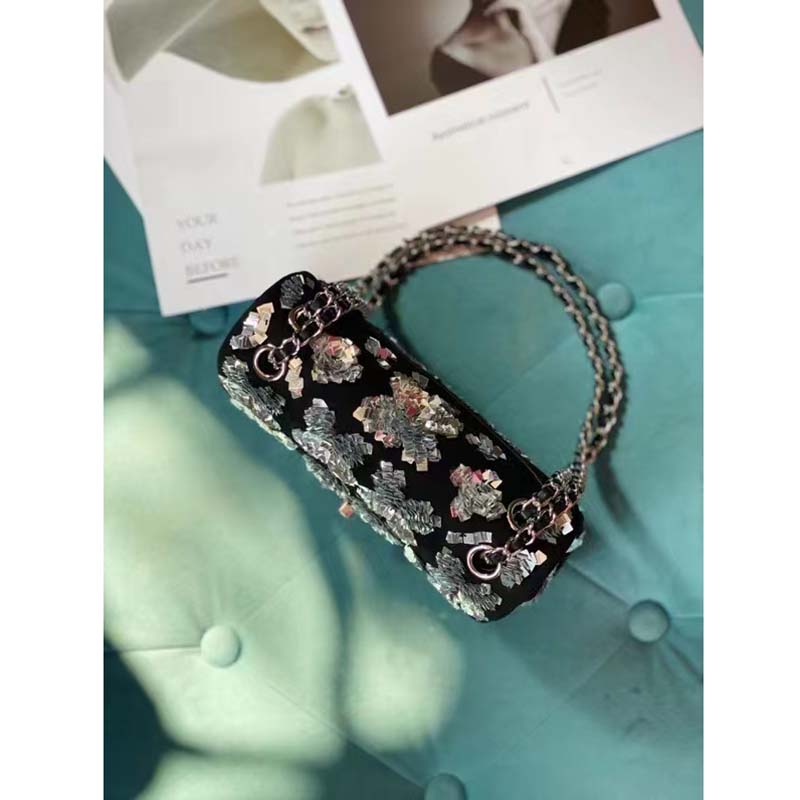 Chanel Women CC Classic Handbag Embroidered Velvet Sequins Silver-Tone Metal Black Silver