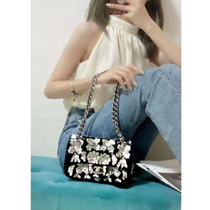 Chanel Women CC Classic Handbag Embroidered Velvet Sequins Silver-Tone Metal Black Silver