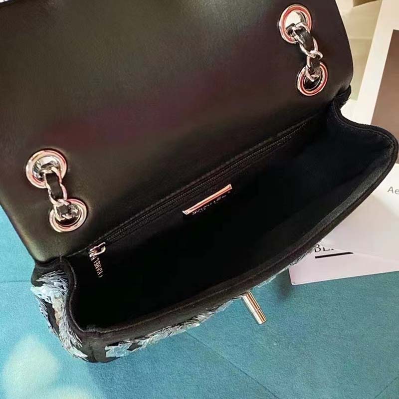 Chanel Women CC Classic Handbag Embroidered Velvet Sequins Silver-Tone Metal Black Silver