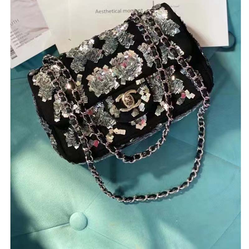 Chanel Women CC Classic Handbag Embroidered Velvet Sequins Silver-Tone Metal Black Silver