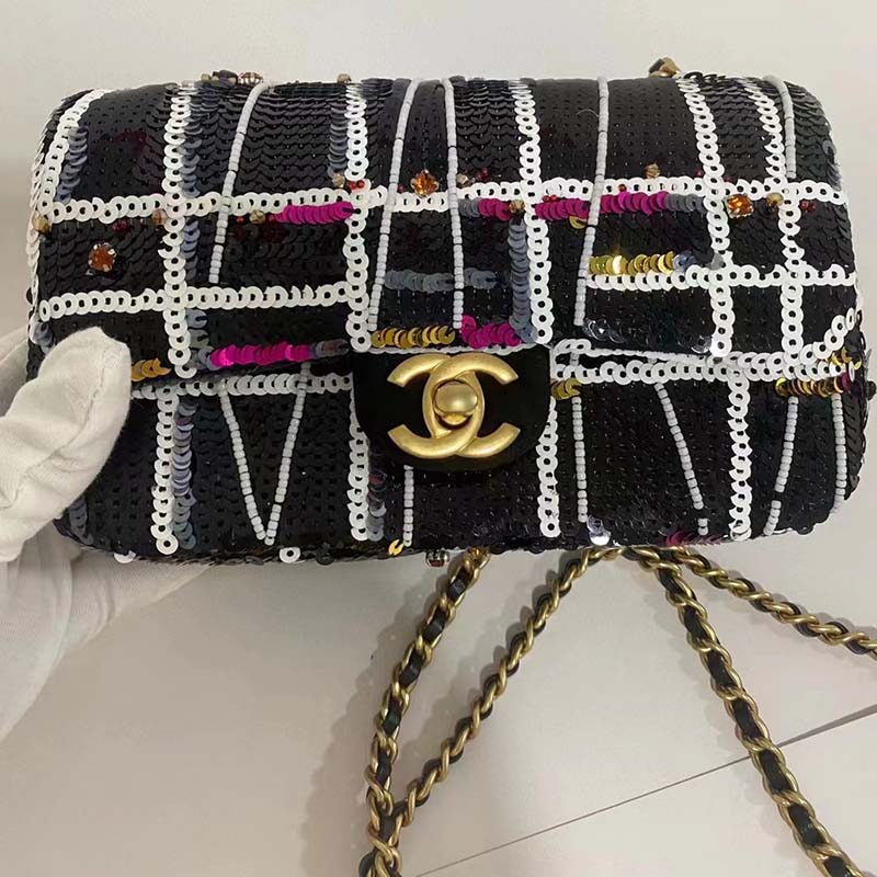 Chanel Women CC Only 1 Bag Set Of 4 Minis Bags Black Lambskin Sequins Glass Pearls