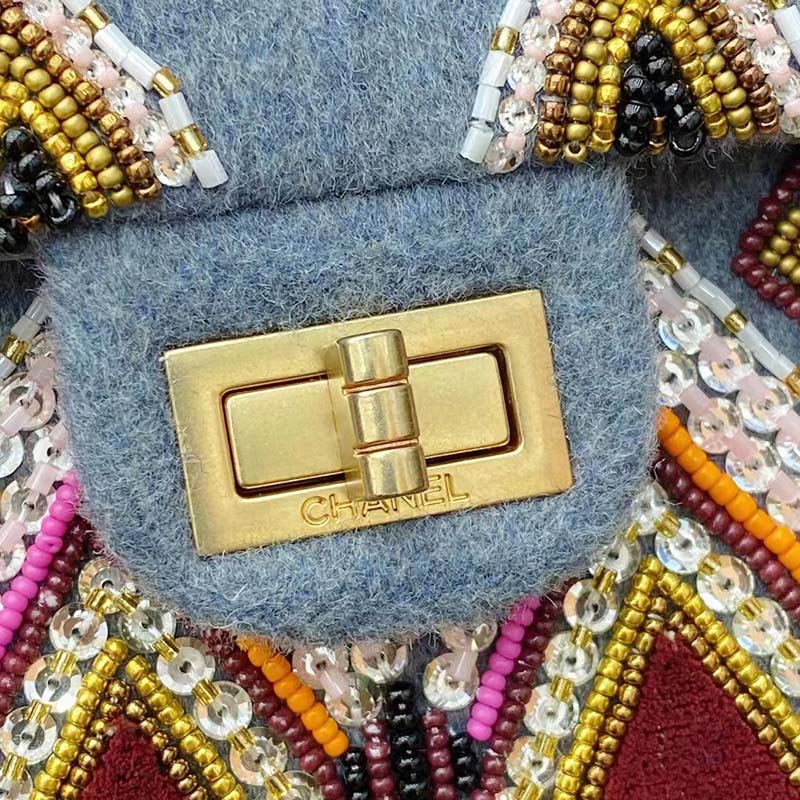 Chanel Women CC Only 1 Bag Set Of 4 Minis Bags Blue Lambskin Sequins Glass Pearls