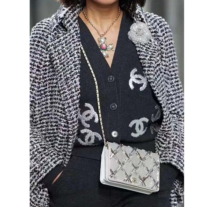 Chanel Women CC Wallet On Chain Embroidered Satin Sequins Gold-Tone Metal White Silver