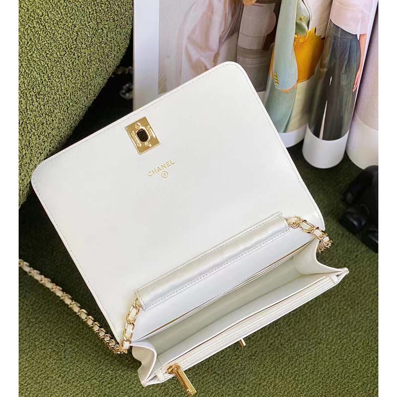 Chanel Women CC Wallet On Chain Embroidered Satin Sequins Gold-Tone Metal White Silver