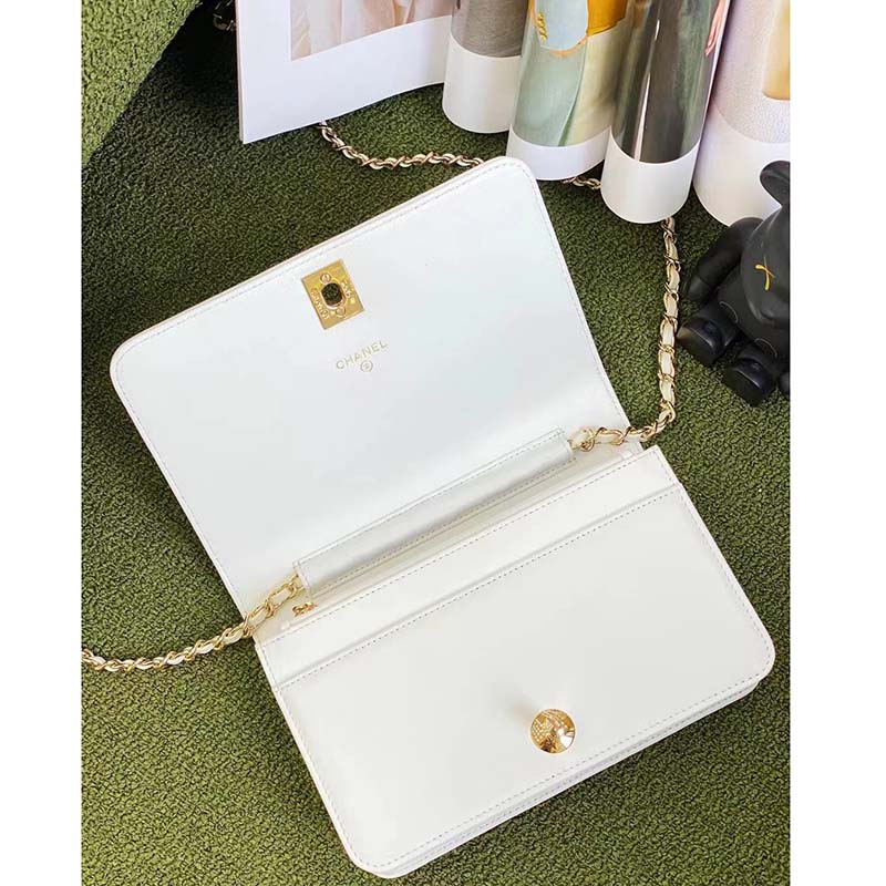 Chanel Women CC Wallet On Chain Embroidered Satin Sequins Gold-Tone Metal White Silver