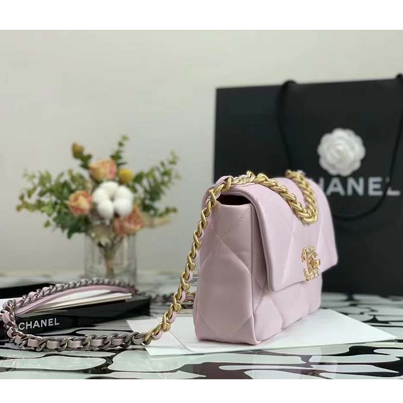 Chanel Women Chanel 19 Flap Bag Pink Lambskin Gold Silver-Tone Ruthenium-Finish Metal
