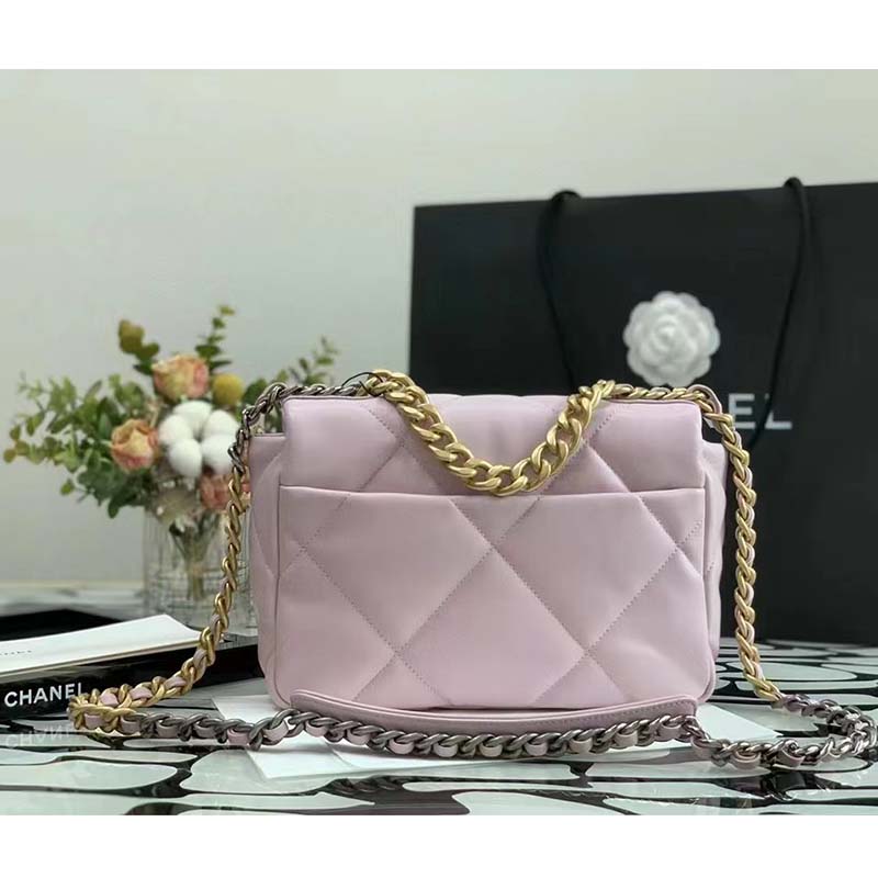 Chanel Women Chanel 19 Flap Bag Pink Lambskin Gold Silver-Tone Ruthenium-Finish Metal