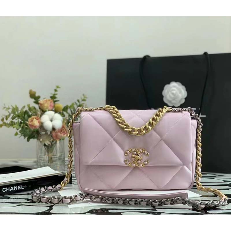 Chanel Women Chanel 19 Flap Bag Pink Lambskin Gold Silver-Tone Ruthenium-Finish Metal