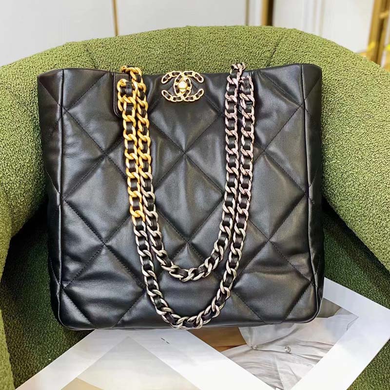 Chanel Women CC Chanel 19 Shopping Bag Lambskin Gold Silver-Tone Metal Black