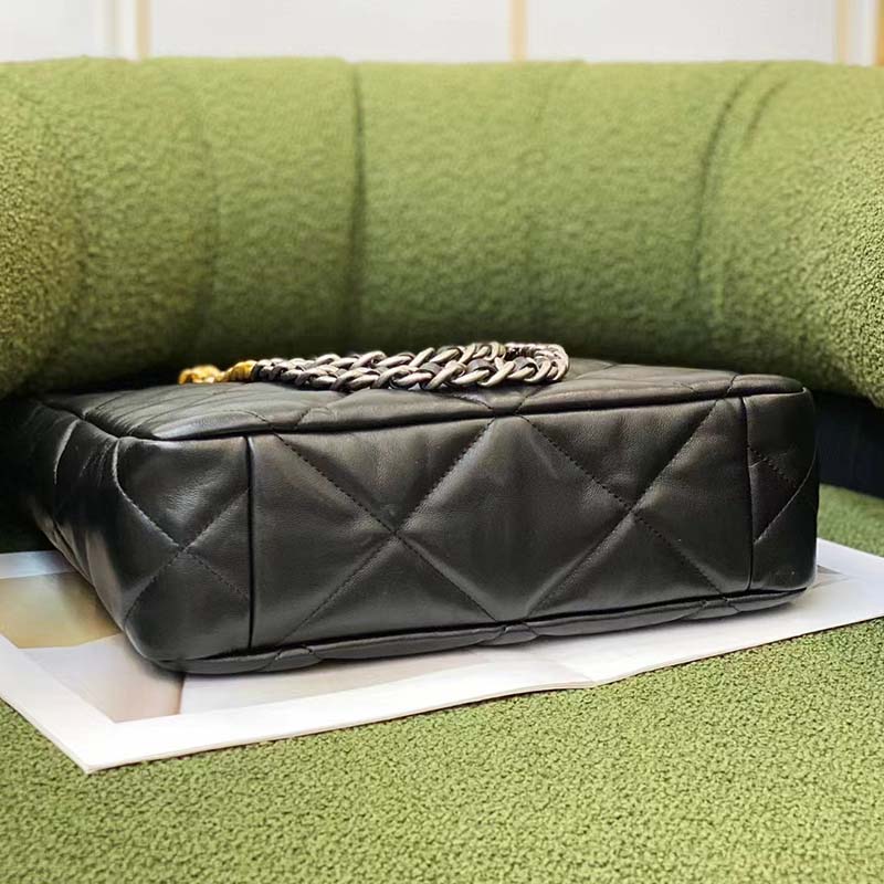 Chanel Women CC Chanel 19 Shopping Bag Lambskin Gold Silver-Tone Metal Black