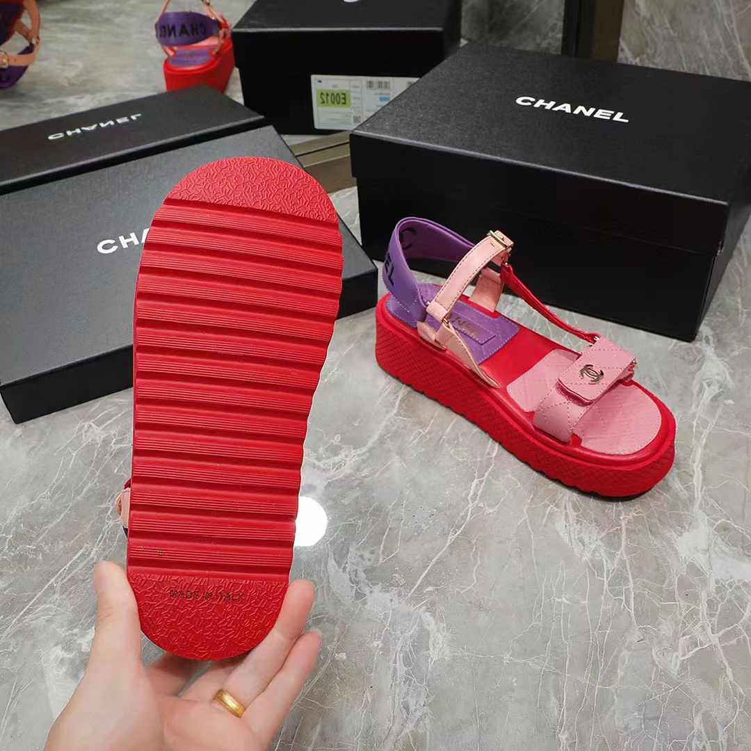 Chanel Women Open Toe Sandal in Calfskin Leather Purple Pink