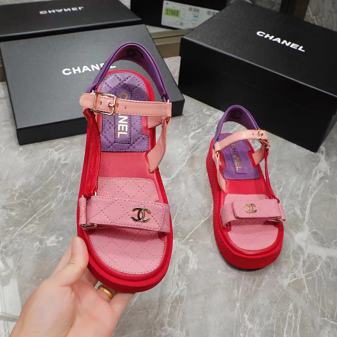 Chanel Women Open Toe Sandal in Calfskin Leather Purple Pink
