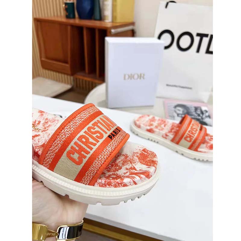Dior Women CD Dway Slide Bright Orange Toile De Jouy Embroidered Cotton