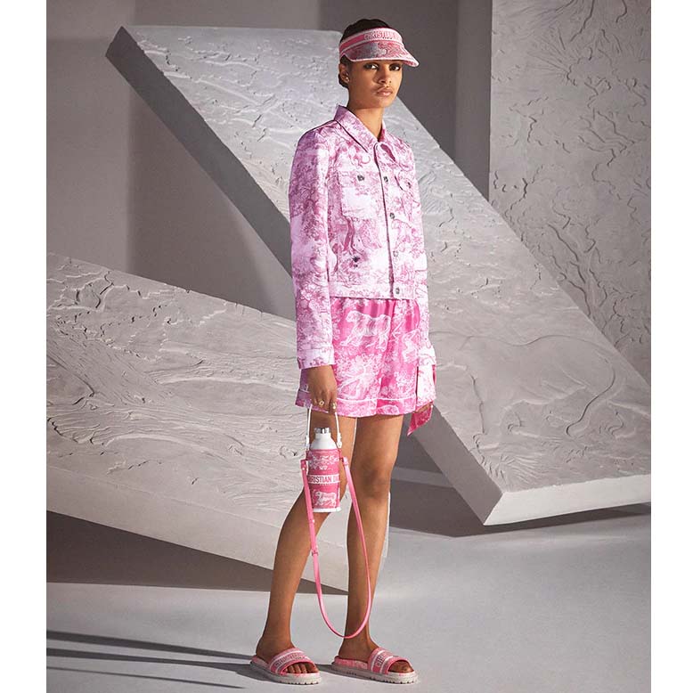 Dior Unisex CD Dway Slide Bright Pink Toile De Jouy Embroidered Cotton