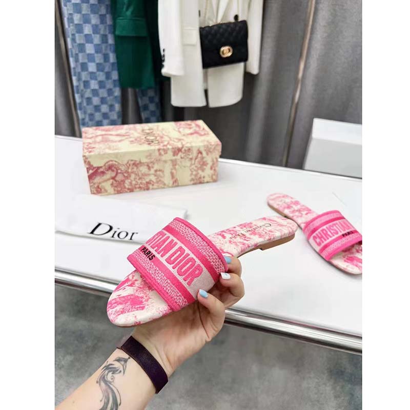 Dior Unisex CD Dway Slide Pink Toile De Jouy Embroidered Cotton