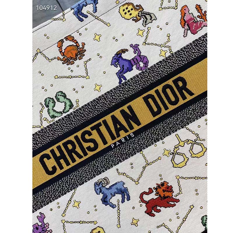 Dior Unisex CD Large Book Tote Latte Multicolor Dior Pixel Zodiac Embroidery