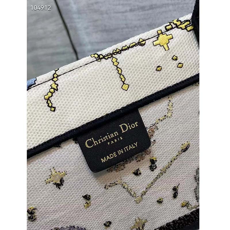 Dior Unisex CD Large Book Tote Latte Multicolor Dior Pixel Zodiac Embroidery