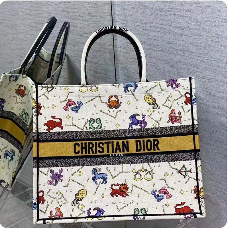 Dior Unisex CD Large Book Tote Latte Multicolor Dior Pixel Zodiac Embroidery