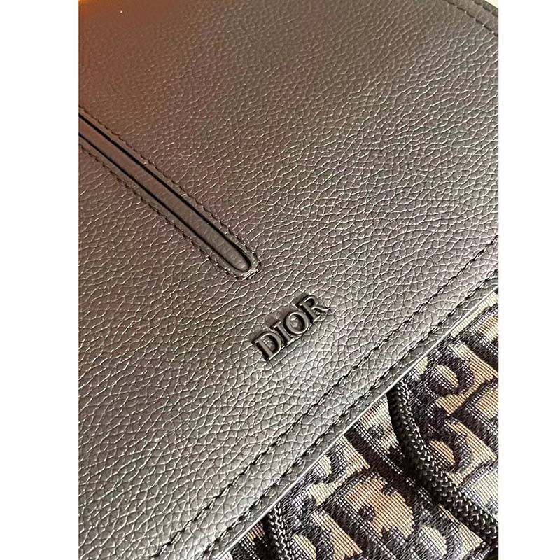 Dior Unisex CD Motion Backpack Beige Black Oblique Jacquard Black Grained Calfskin