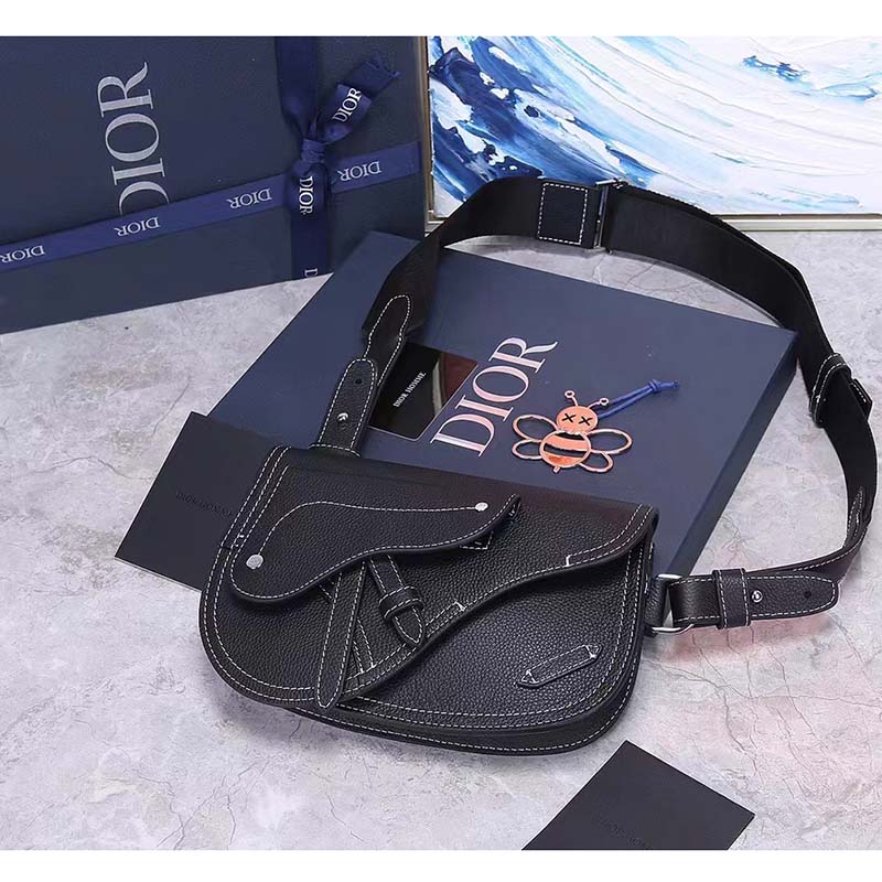 Dior Unisex CD Saddle Pouch Black Grained Calfskin Leather